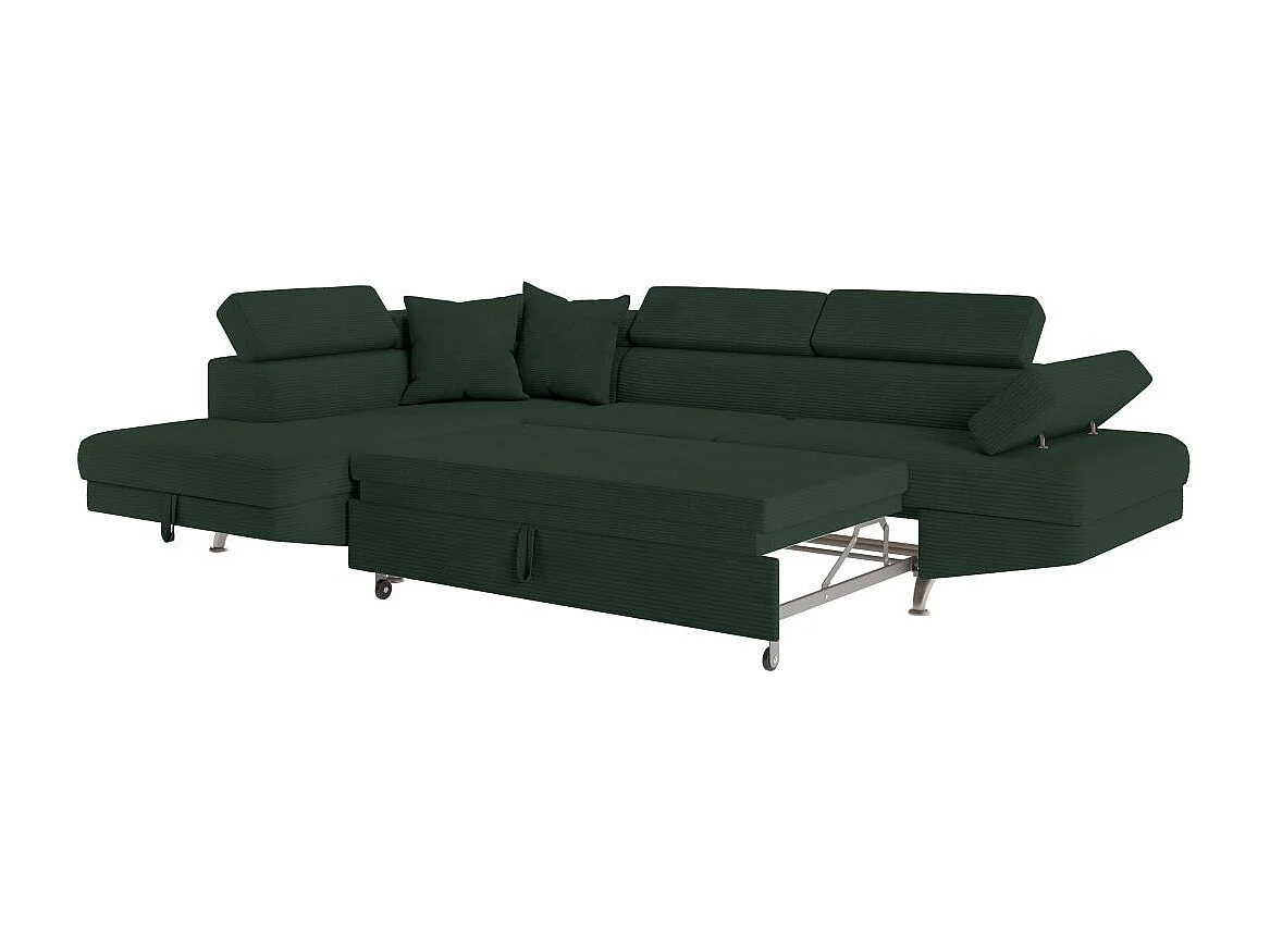 Canapé d'angle gauche convertible RIO 5 places avec coffre de rangement en velours côtelé vert foncé