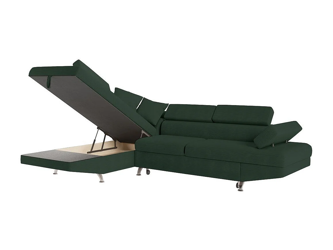 Canapé d'angle gauche convertible RIO 5 places avec coffre de rangement en velours côtelé vert foncé