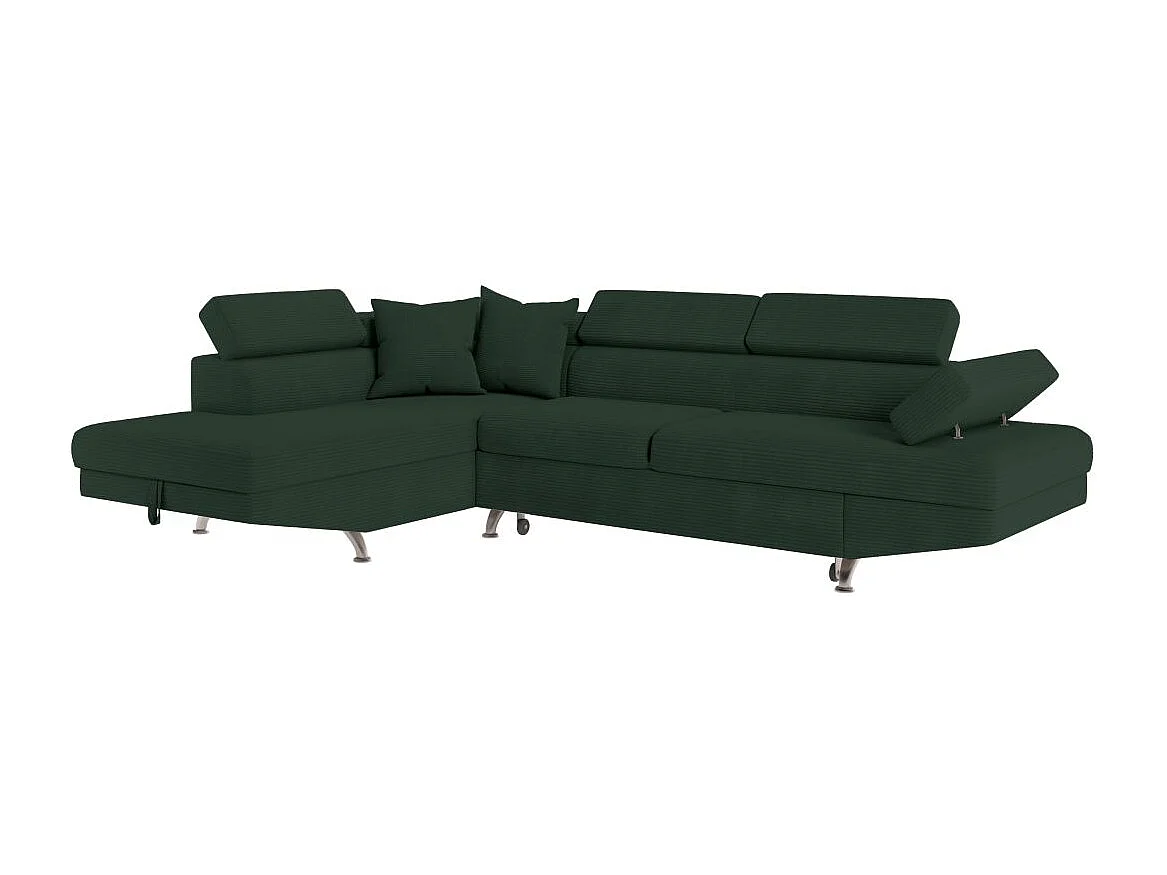Canapé d'angle gauche convertible RIO 5 places avec coffre de rangement en velours côtelé vert foncé