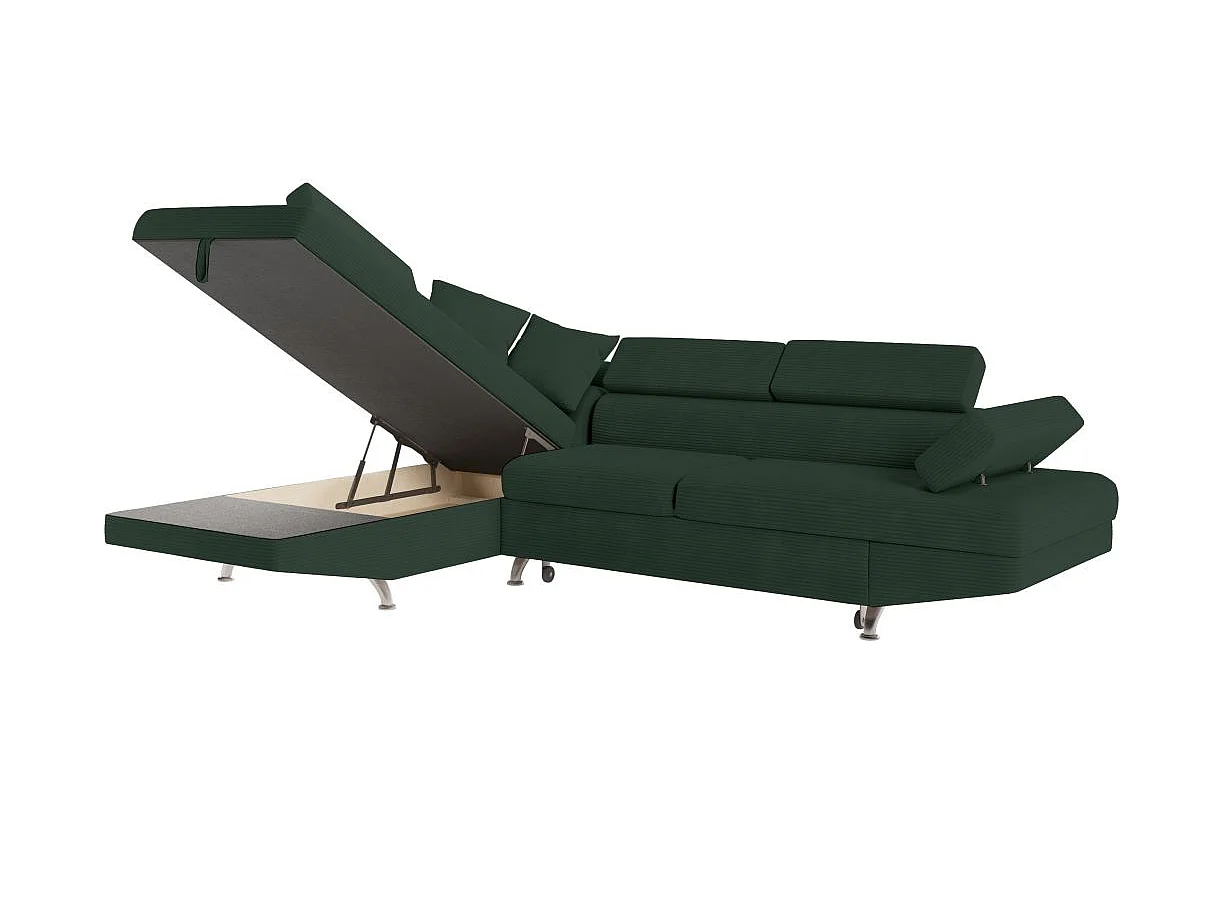 Canapé d'angle gauche convertible RIO 5 places avec coffre de rangement en velours côtelé vert foncé