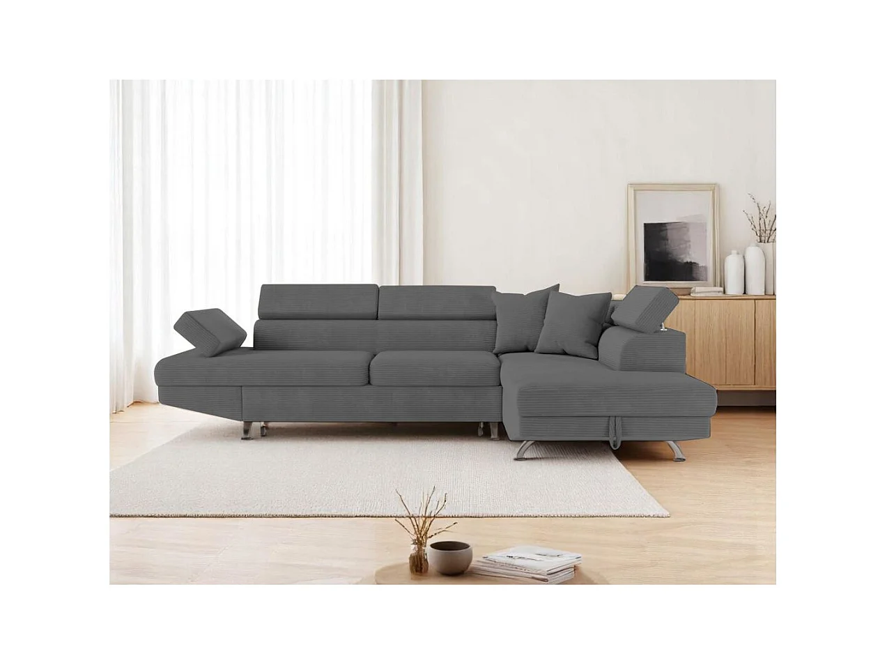 Canapé d'angle droit convertible RIO 5 places avec coffre de rangement en velours côtelé Gris anthracite