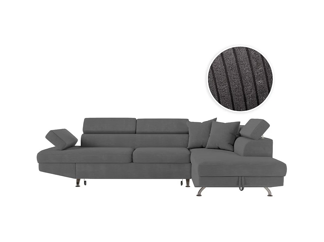 Canapé d'angle droit convertible RIO 5 places avec coffre de rangement en velours côtelé Gris anthracite