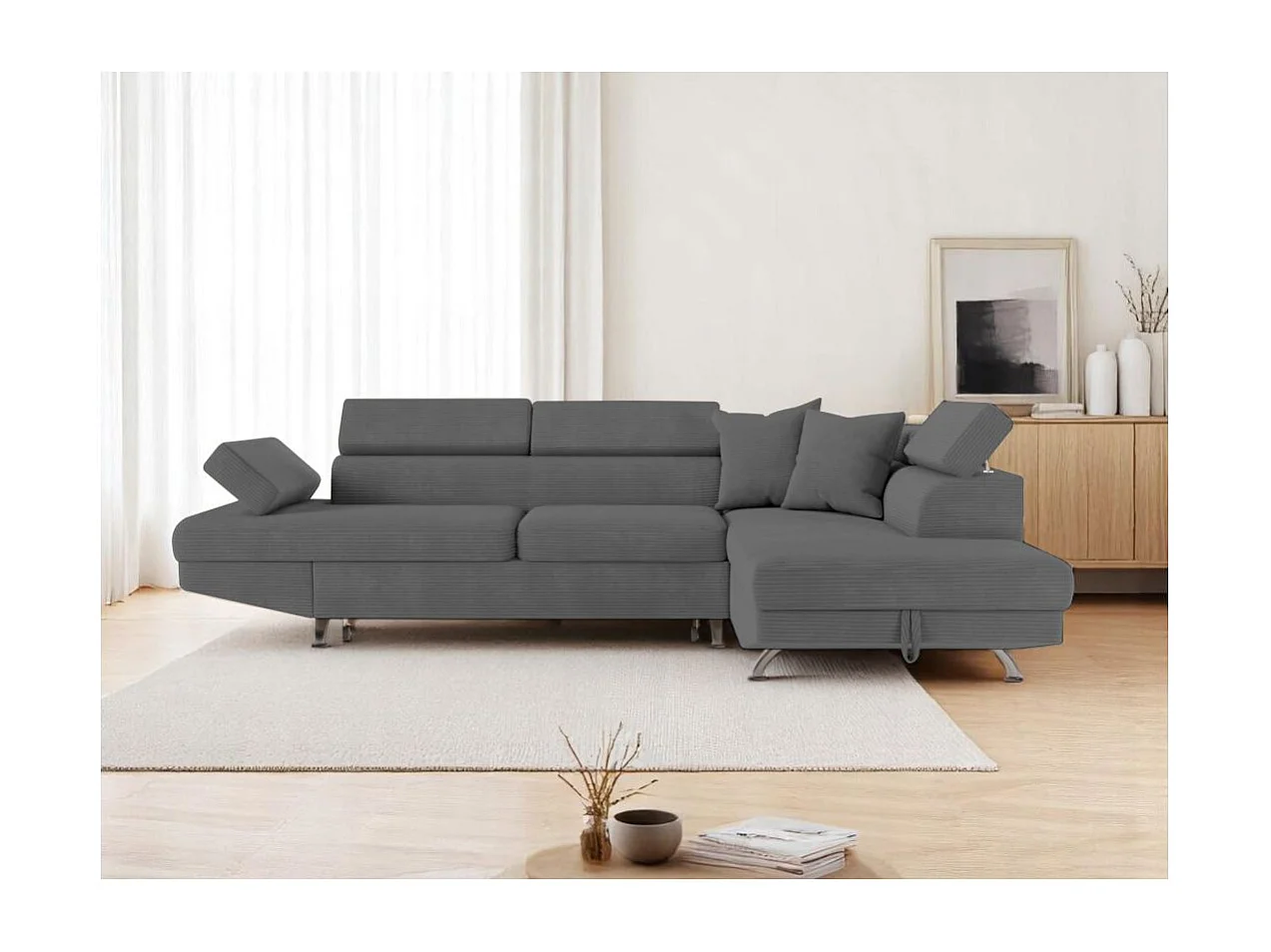 Canapé d'angle droit convertible RIO 5 places avec coffre de rangement en velours côtelé Gris anthracite