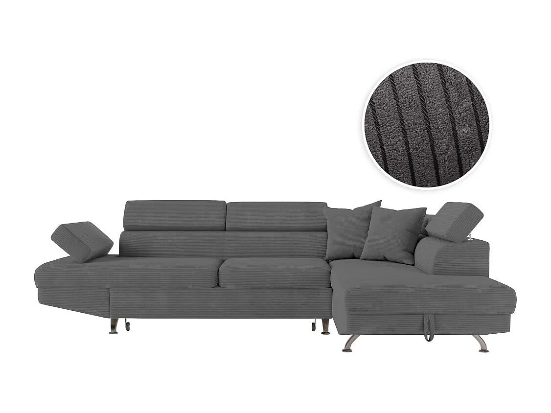 Canapé d'angle droit convertible RIO 5 places avec coffre de rangement en velours côtelé Gris anthracite