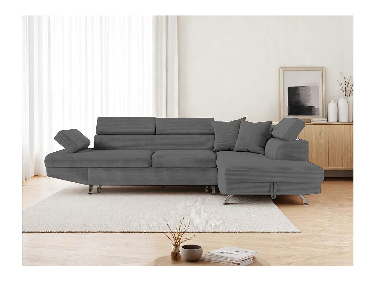 Canapé d'angle droit convertible RIO 5 places avec coffre de rangement en velours côtelé Gris anthracite
