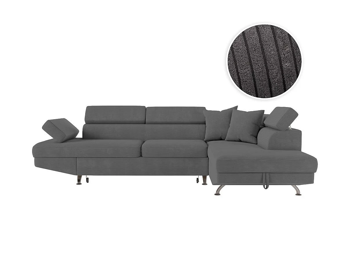 Canapé d'angle droit convertible RIO 5 places avec coffre de rangement en velours côtelé Gris anthracite