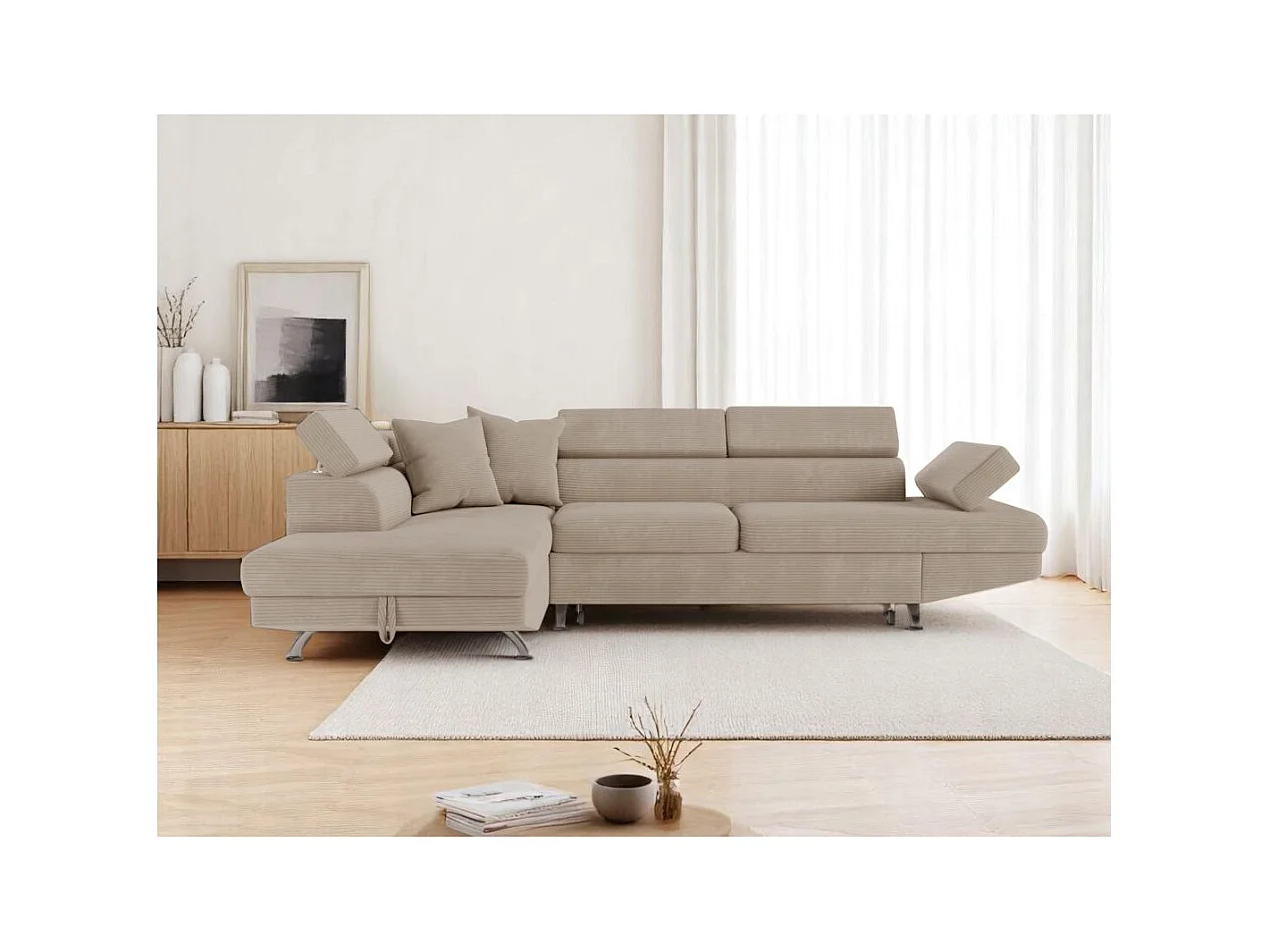 Canapé d'angle gauche convertible RIO 5 places avec coffre de rangement en velours côtelé - Taupe