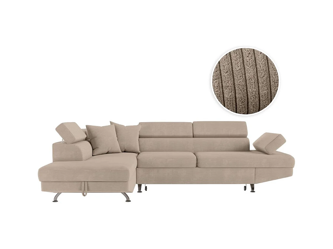 Canapé d'angle gauche convertible RIO 5 places avec coffre de rangement en velours côtelé - Taupe