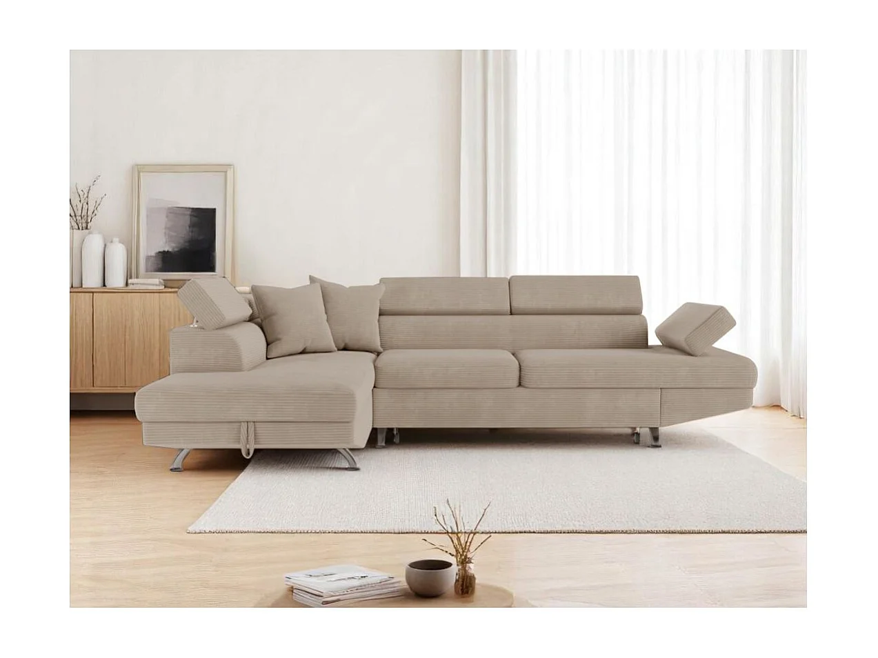 Canapé d'angle gauche convertible RIO 5 places avec coffre de rangement en velours côtelé - Taupe