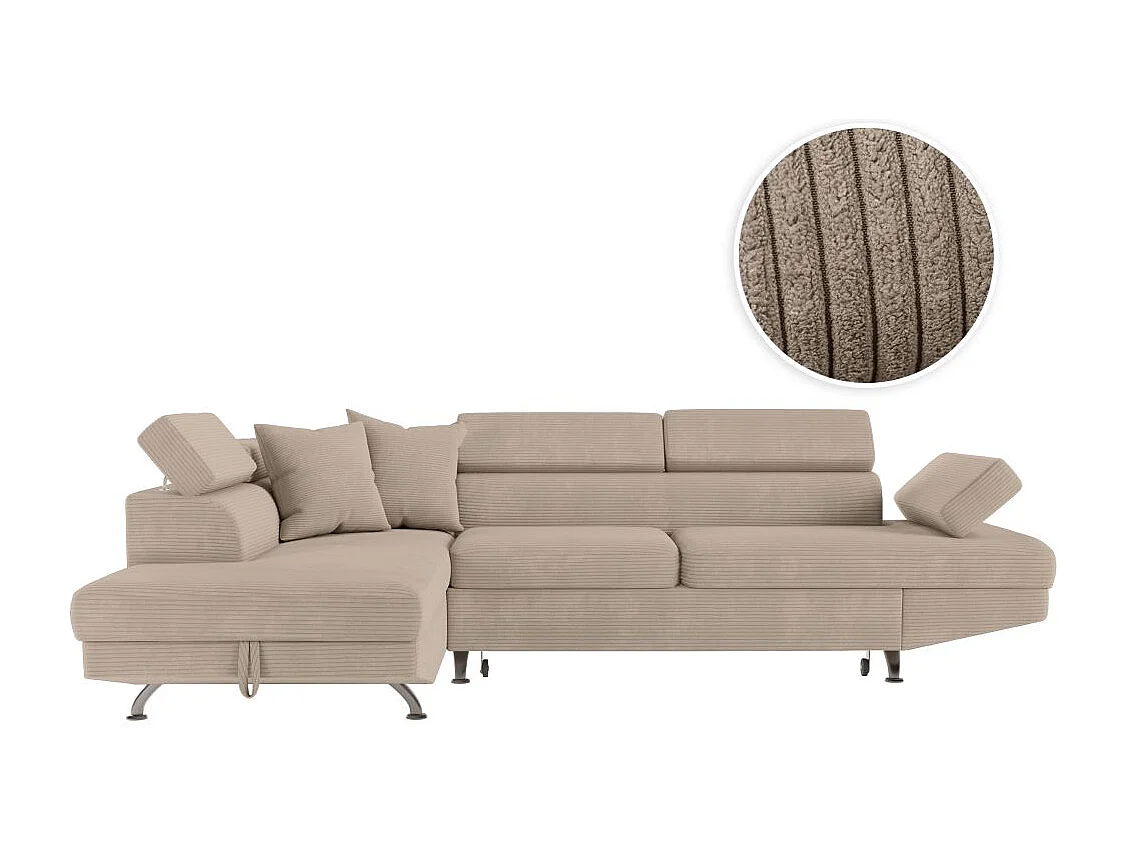 Canapé d'angle gauche convertible RIO 5 places avec coffre de rangement en velours côtelé - Taupe