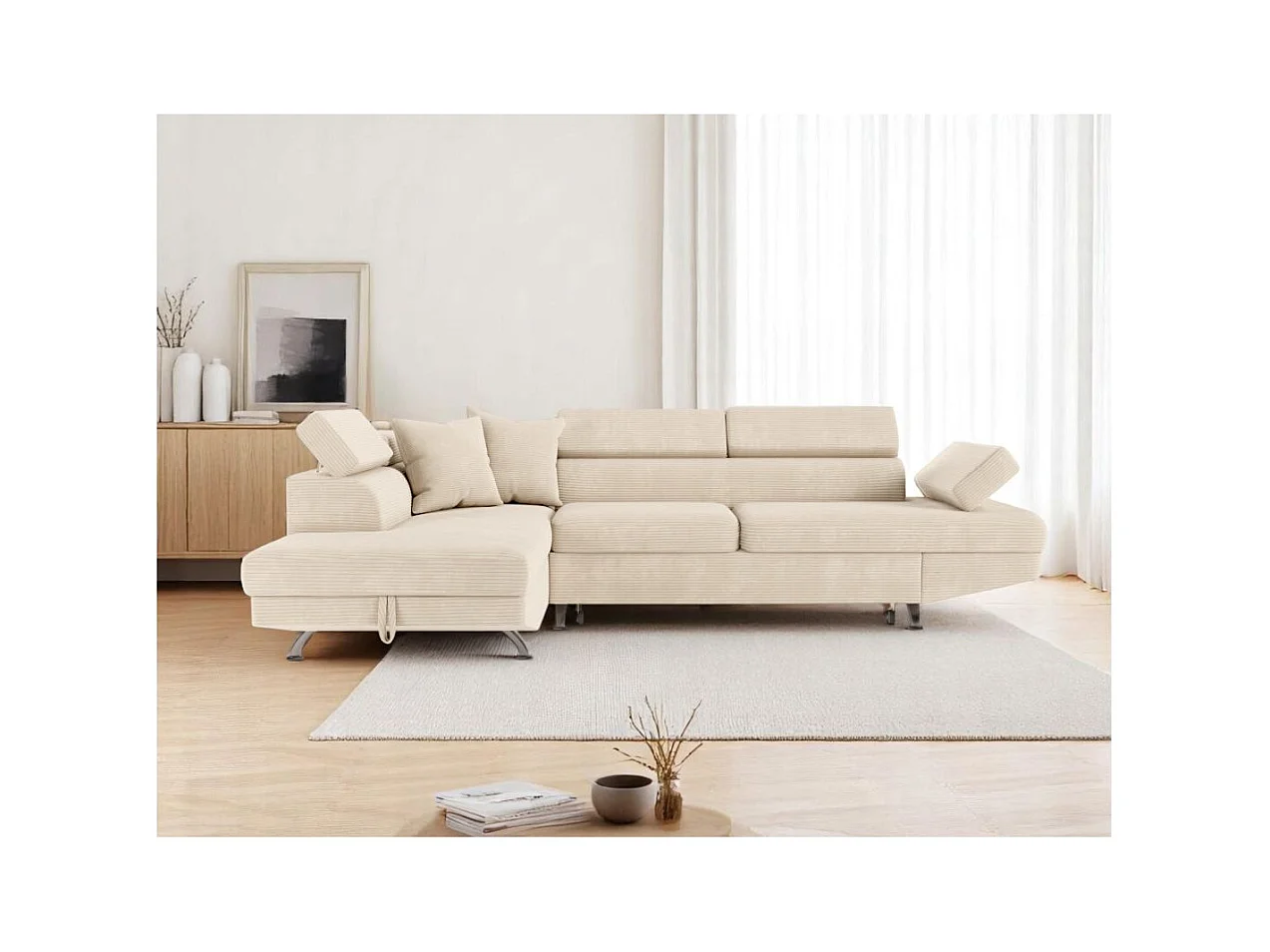 Canapé d'angle gauche convertible RIO 5 places avec coffre de rangement en velours côtelé - Beige