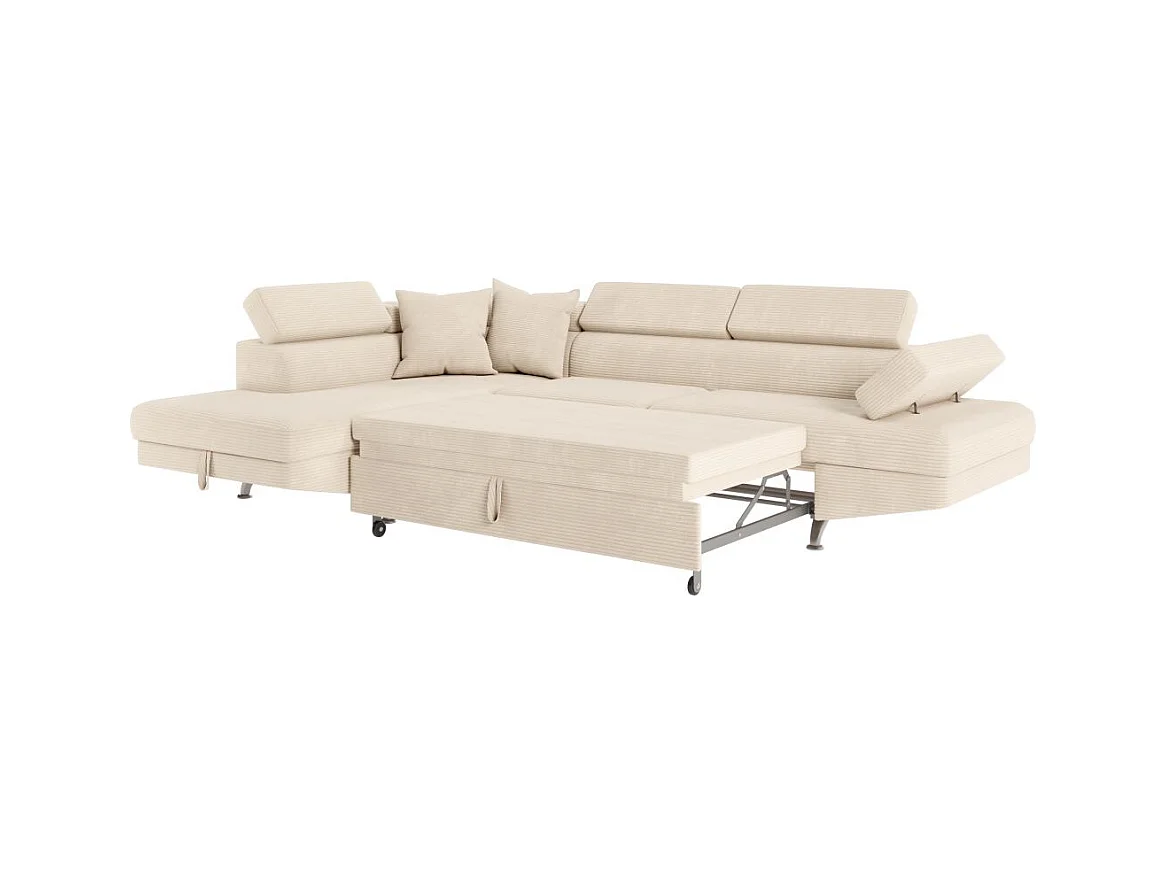 Canapé d'angle gauche convertible RIO 5 places avec coffre de rangement en velours côtelé - Beige