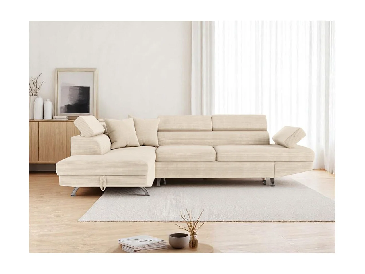 Canapé d'angle gauche convertible RIO 5 places avec coffre de rangement en velours côtelé - Beige