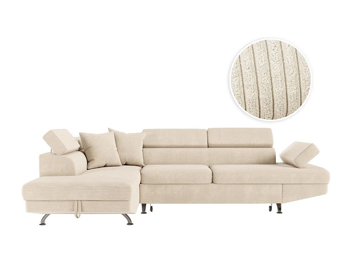 Canapé d'angle gauche convertible RIO 5 places avec coffre de rangement en velours côtelé - Beige