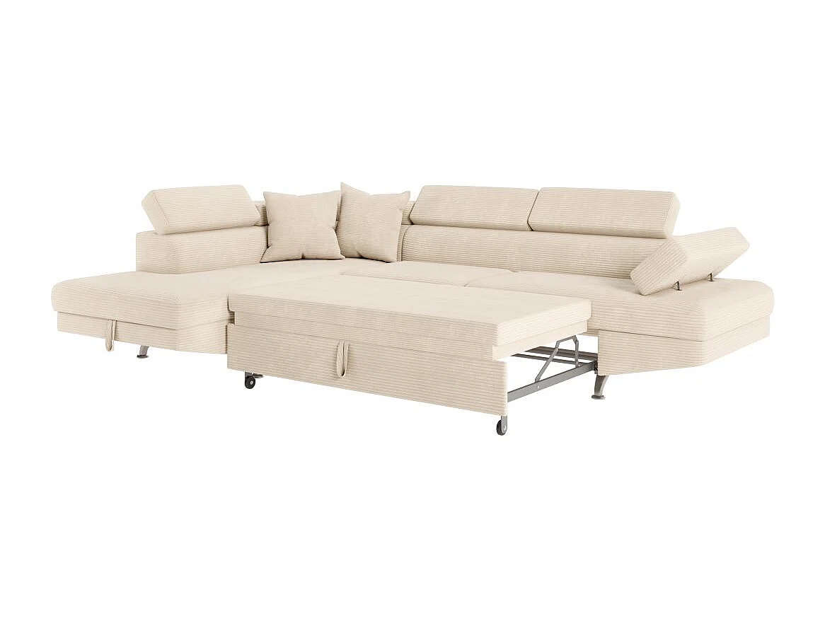 Canapé d'angle gauche convertible RIO 5 places avec coffre de rangement en velours côtelé - Beige