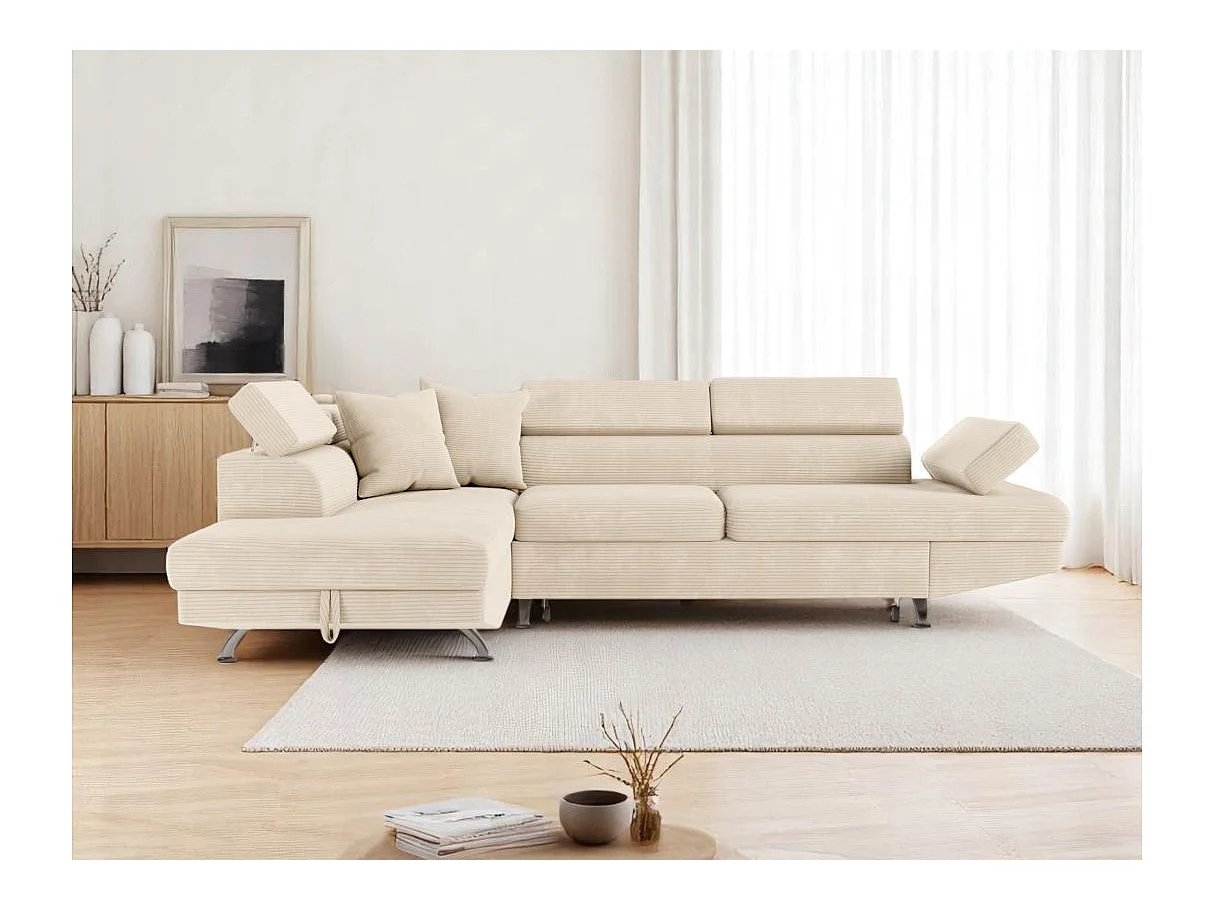 Canapé d'angle gauche convertible RIO 5 places avec coffre de rangement en velours côtelé - Beige