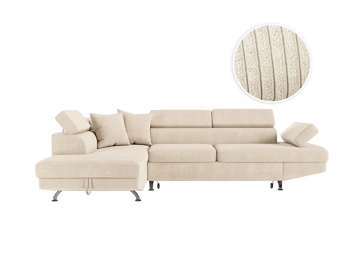 Canapé d'angle gauche convertible RIO 5 places avec coffre de rangement en velours côtelé - Beige