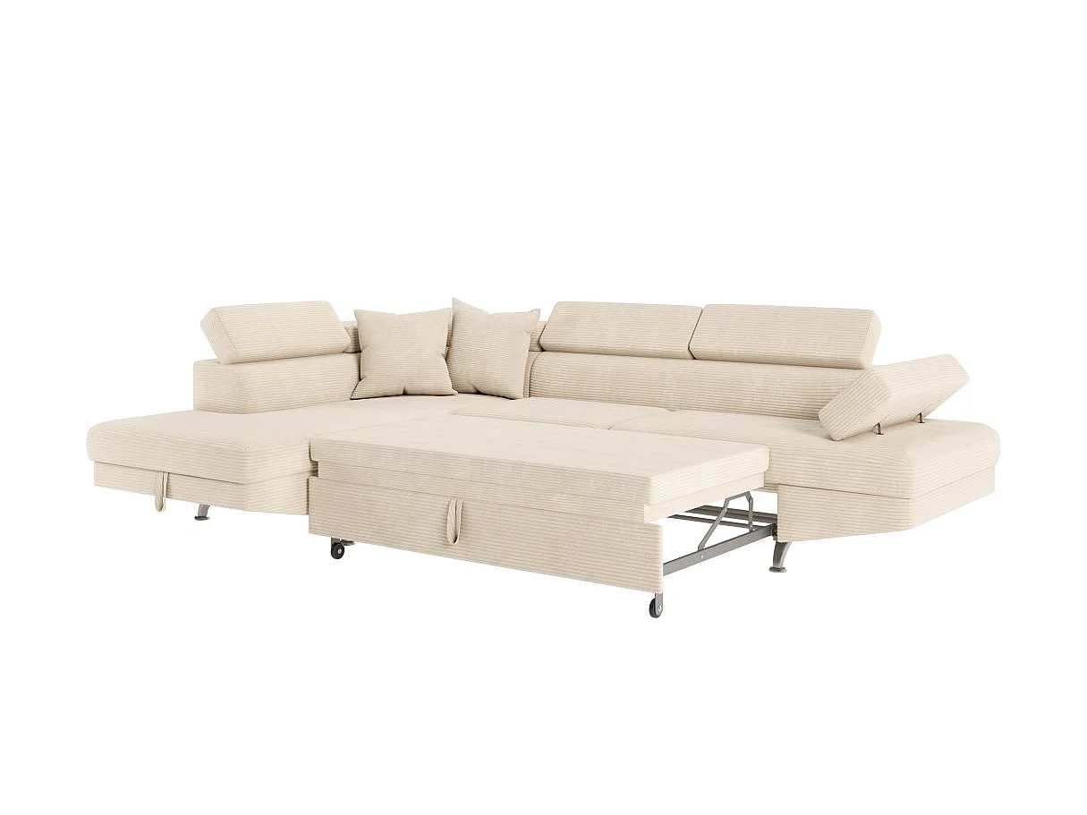 Canapé d'angle gauche convertible RIO 5 places avec coffre de rangement en velours côtelé - Beige