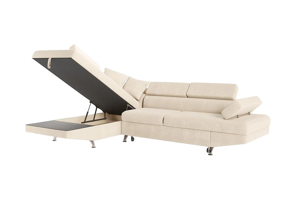 Canapé d'angle gauche convertible RIO 5 places avec coffre de rangement en velours côtelé - Beige
