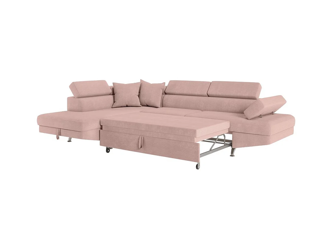 Canapé d'angle gauche convertible RIO 5 places avec coffre de rangement en velours côtelé vieux rose