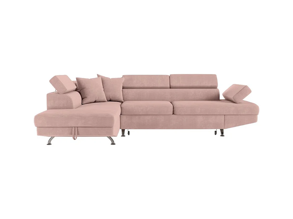 Canapé d'angle gauche convertible RIO 5 places avec coffre de rangement en velours côtelé vieux rose