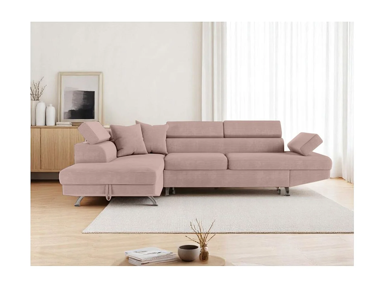 Canapé d'angle gauche convertible RIO 5 places avec coffre de rangement en velours côtelé vieux rose