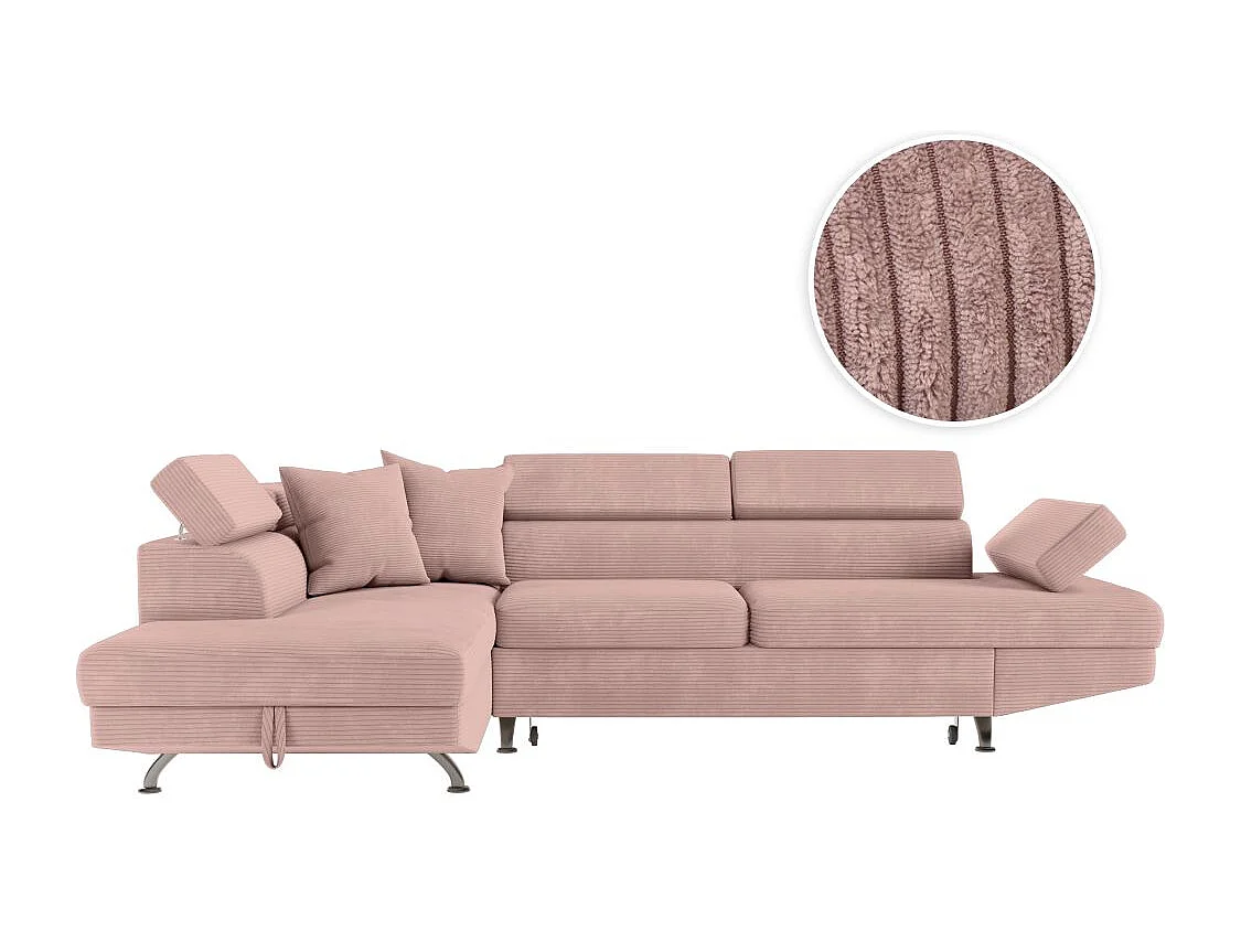 Canapé d'angle gauche convertible RIO 5 places avec coffre de rangement en velours côtelé vieux rose