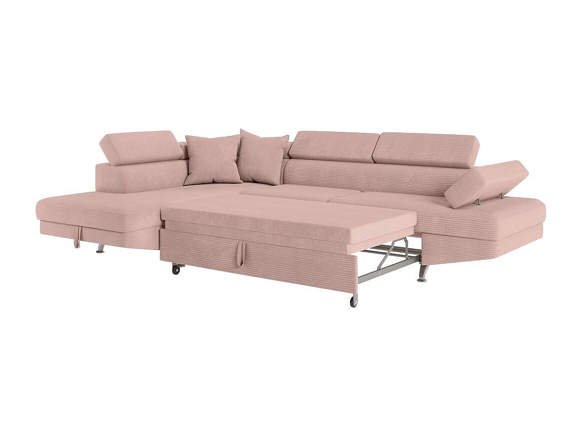 Canapé d'angle gauche convertible RIO 5 places avec coffre de rangement en velours côtelé vieux rose