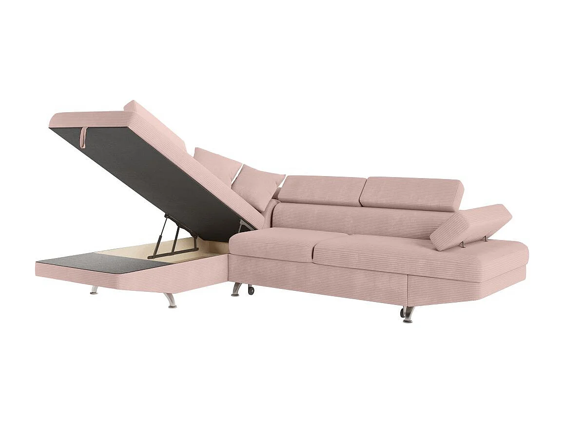 Canapé d'angle gauche convertible RIO 5 places avec coffre de rangement en velours côtelé vieux rose