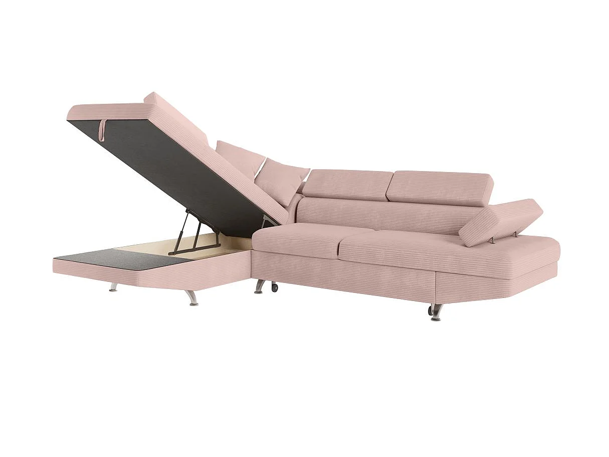 Canapé d'angle gauche convertible RIO 5 places avec coffre de rangement en velours côtelé vieux rose
