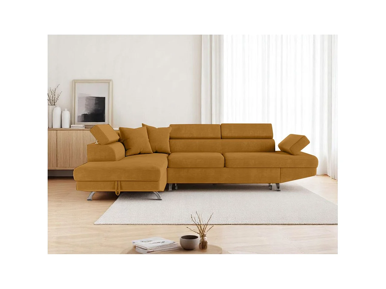 Canapé d'angle gauche convertible RIO 5 places avec coffre de rangement en velours côtelé - Jaune