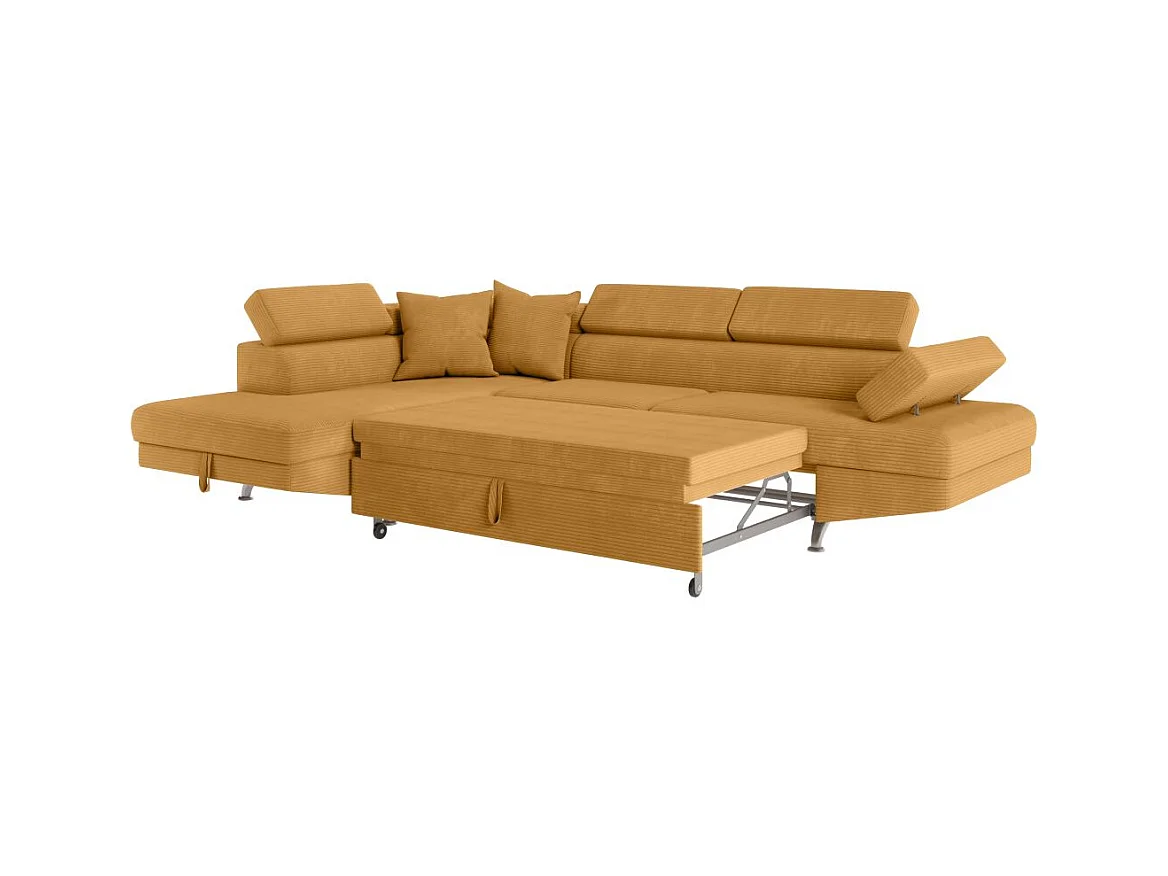 Canapé d'angle gauche convertible RIO 5 places avec coffre de rangement en velours côtelé - Jaune