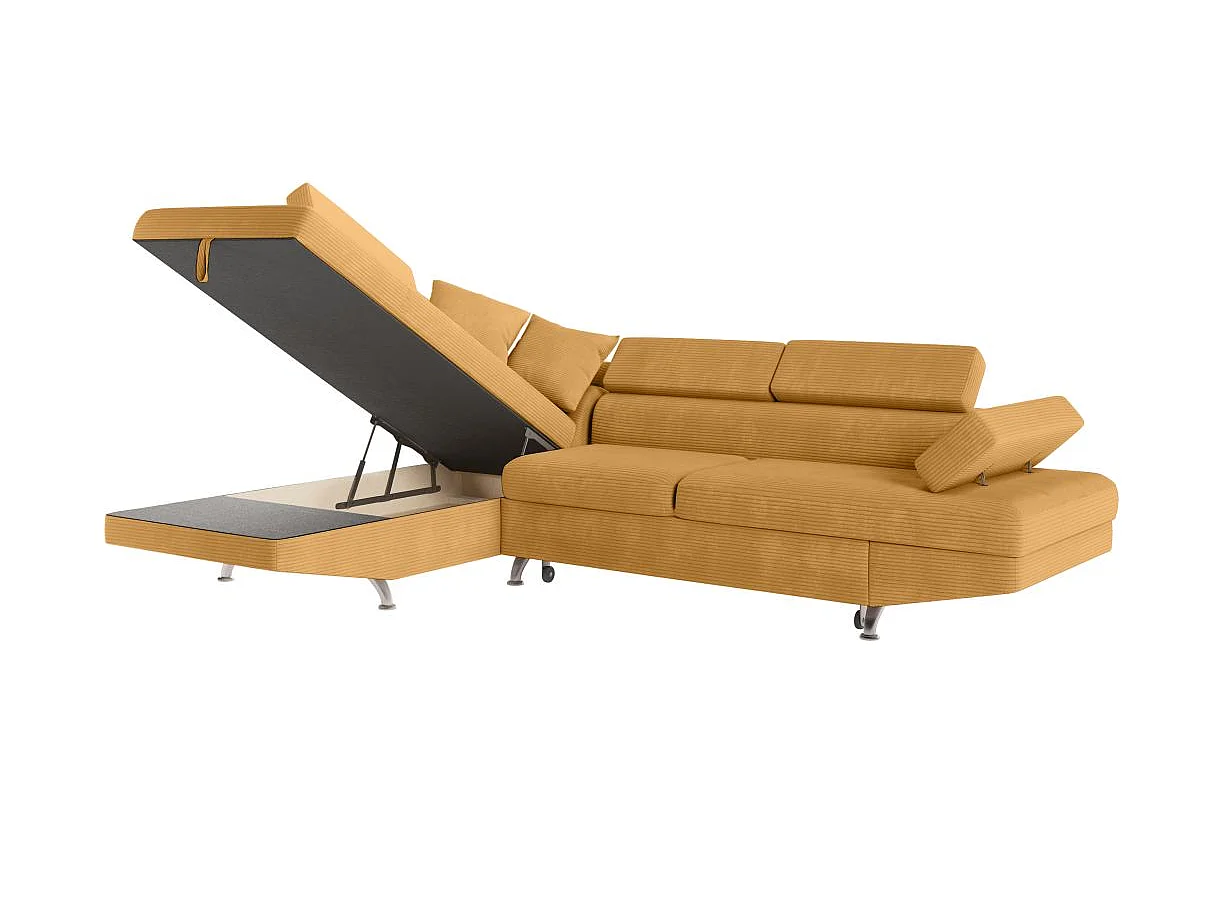 Canapé d'angle gauche convertible RIO 5 places avec coffre de rangement en velours côtelé - Jaune