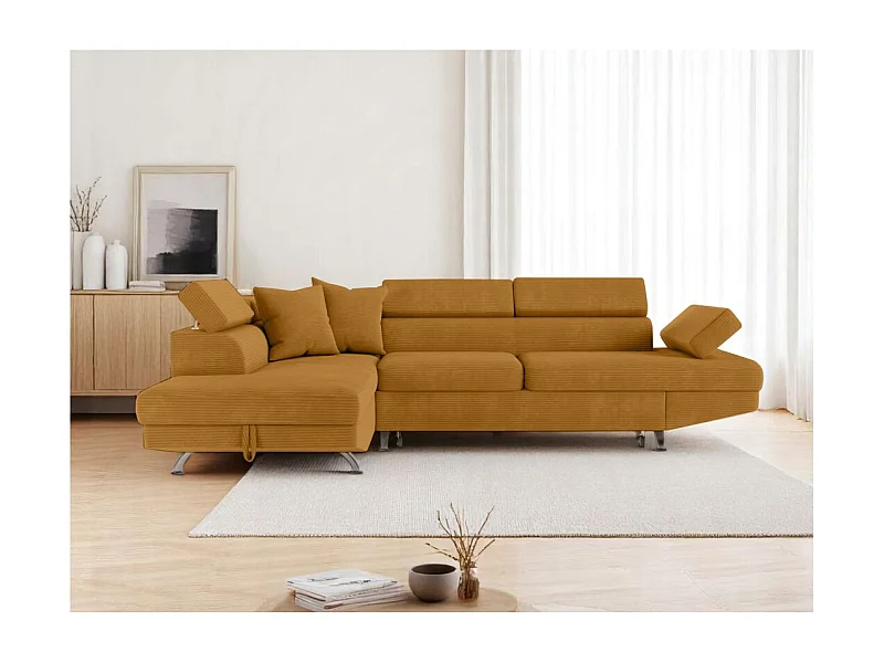 Canapé d'angle gauche convertible RIO 5 places avec coffre de rangement en velours côtelé - Jaune