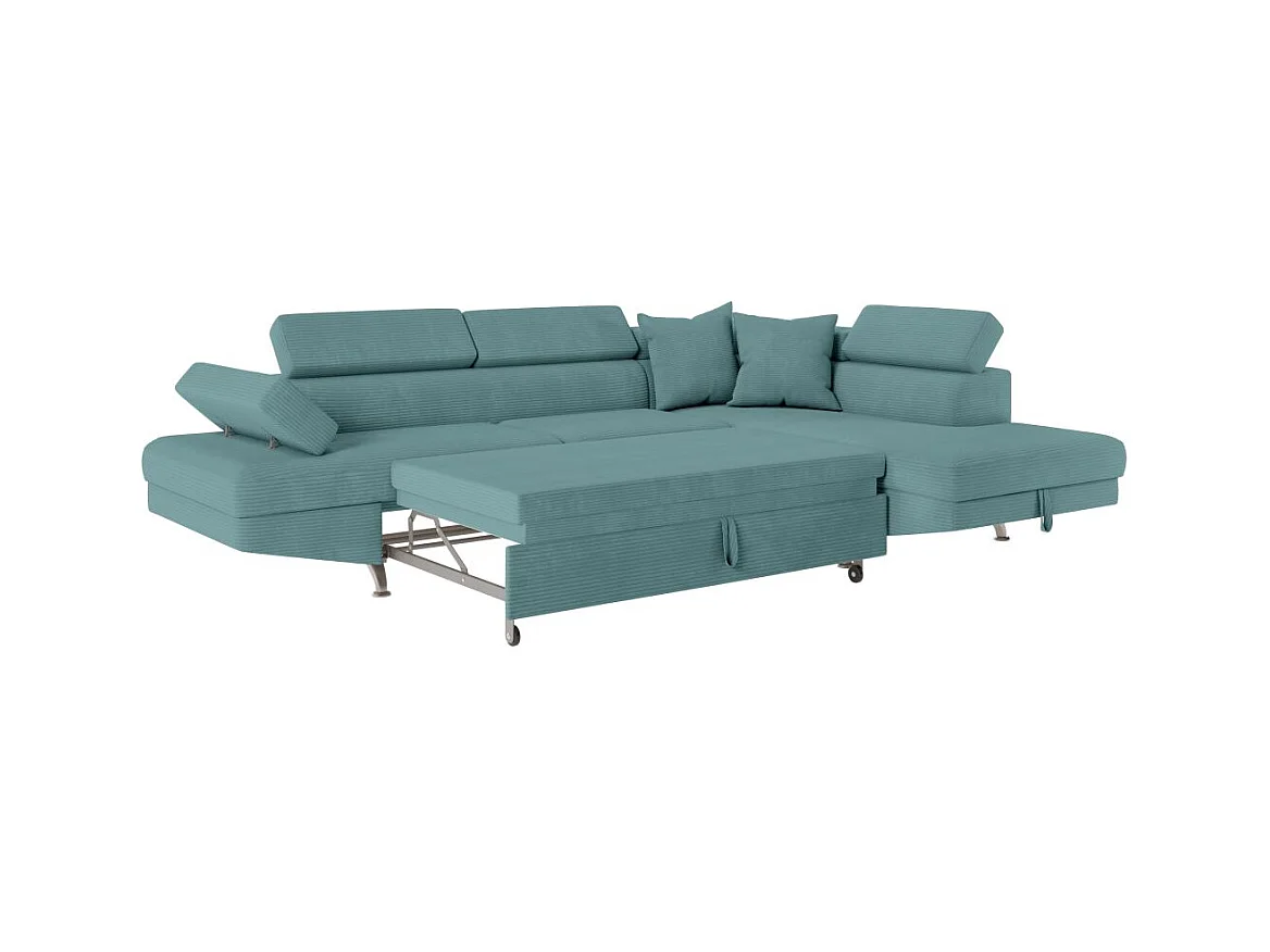 Canapé d'angle droit convertible RIO 5 places avec coffre de rangement en velours côtelé bleu clair
