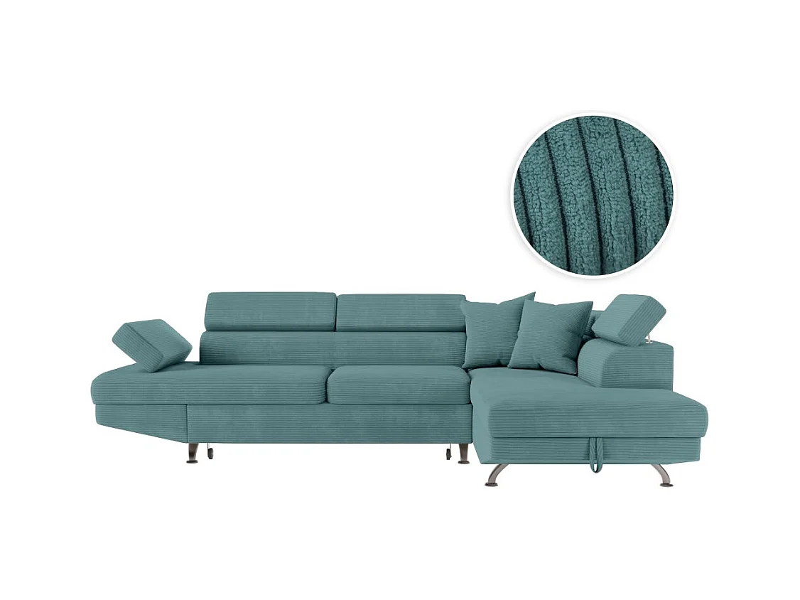 Canapé d'angle droit convertible RIO 5 places avec coffre de rangement en velours côtelé bleu clair