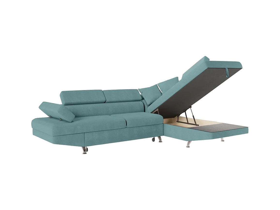 Canapé d'angle droit convertible RIO 5 places avec coffre de rangement en velours côtelé bleu clair