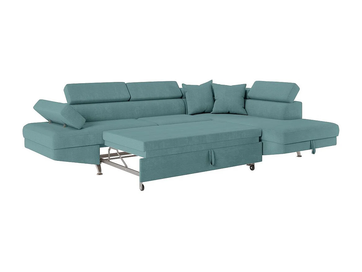 Canapé d'angle droit convertible RIO 5 places avec coffre de rangement en velours côtelé bleu clair