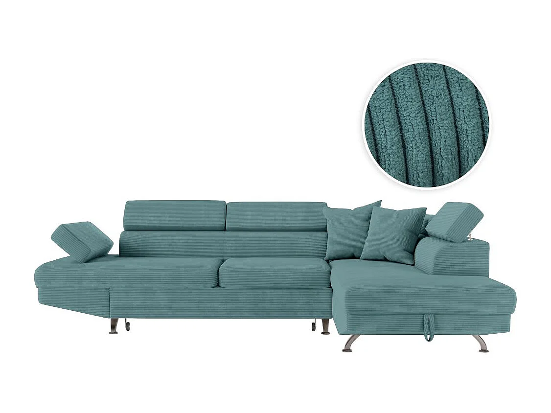 Canapé d'angle droit convertible RIO 5 places avec coffre de rangement en velours côtelé bleu clair