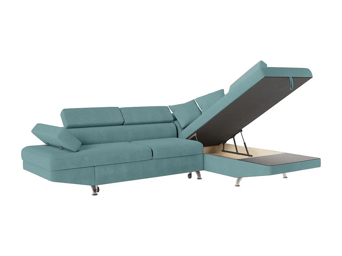 Canapé d'angle droit convertible RIO 5 places avec coffre de rangement en velours côtelé bleu clair