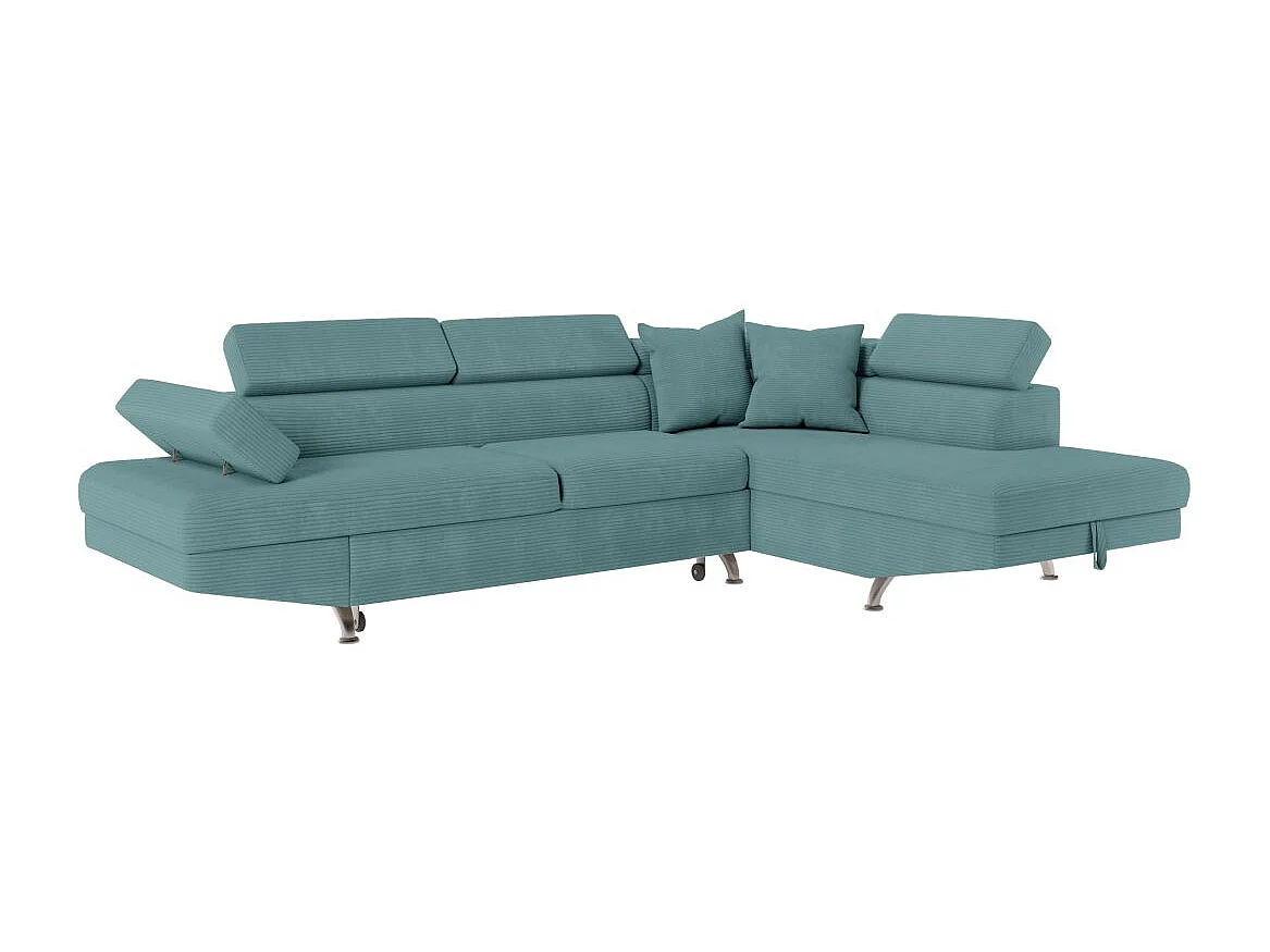Canapé d'angle droit convertible RIO 5 places avec coffre de rangement en velours côtelé bleu clair