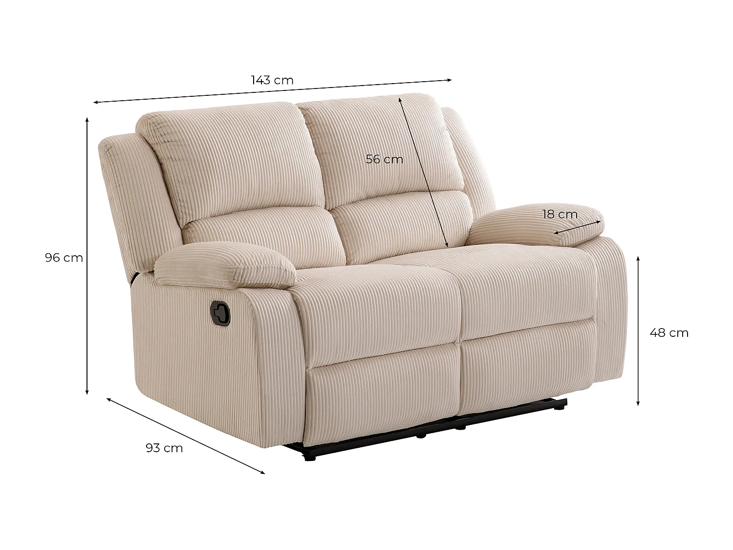 RELAXXO - Canapé de relaxation manuel 2 places LEO en velours côtelé - beige