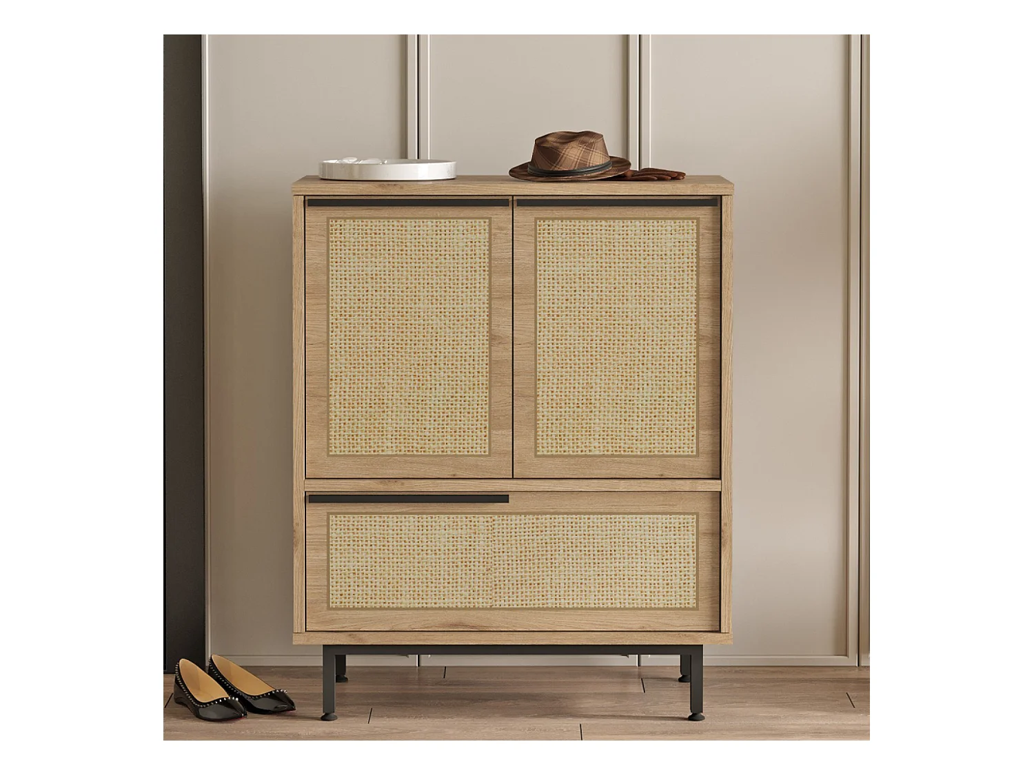 Meuble à chaussures 3 portes finition bois et cannage 75x90cm ABA