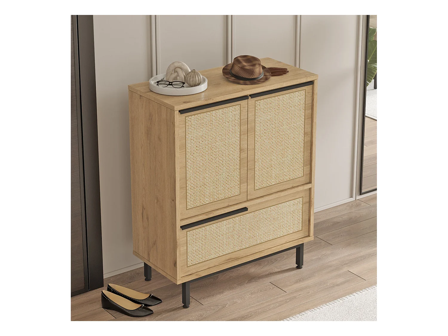 Meuble à chaussures 3 portes finition bois et cannage 75x90cm ABA