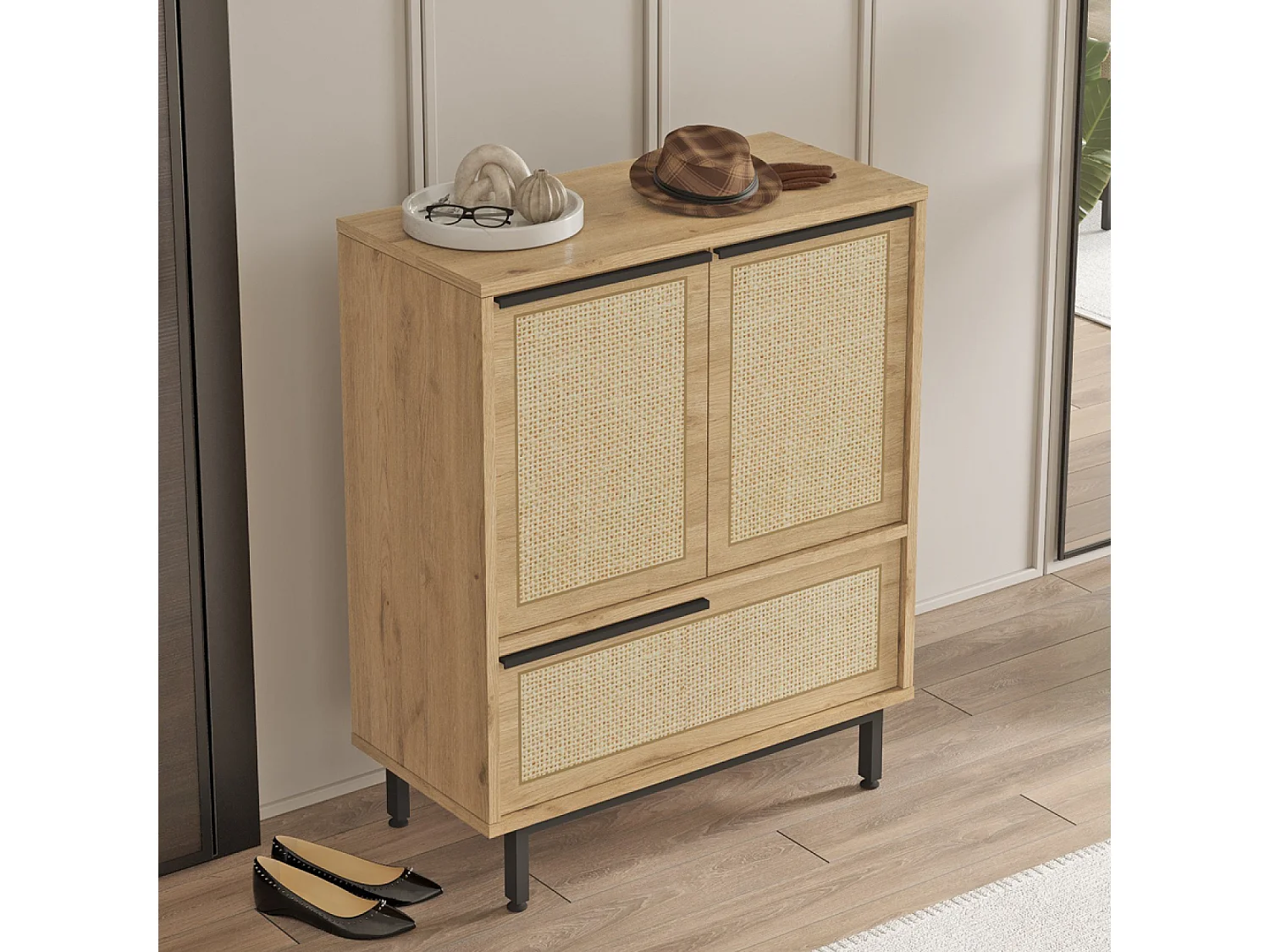 Meuble à chaussures 3 portes finition bois et cannage 75x90cm ABA