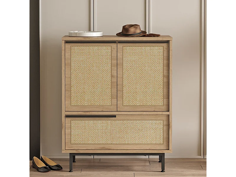 Meuble à chaussures 3 portes finition bois et cannage 75x90cm ABA