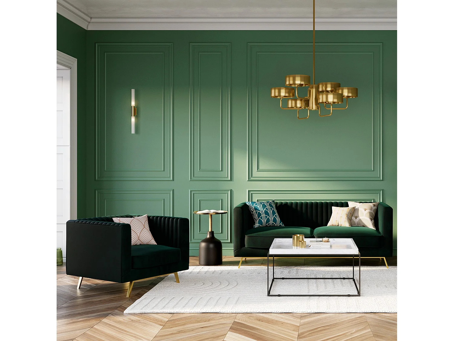 Ensemble canapé et fauteuil en velours vert 4 places - Gatsby