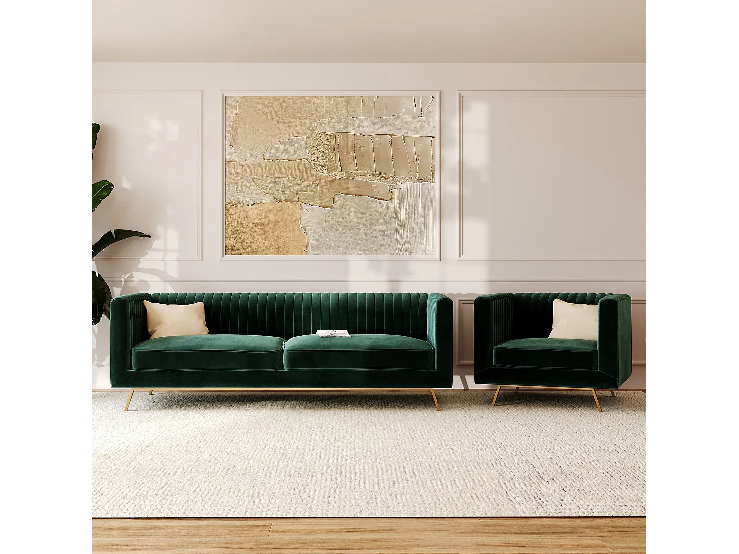 Ensemble canapé et fauteuil en velours vert 4 places - Gatsby