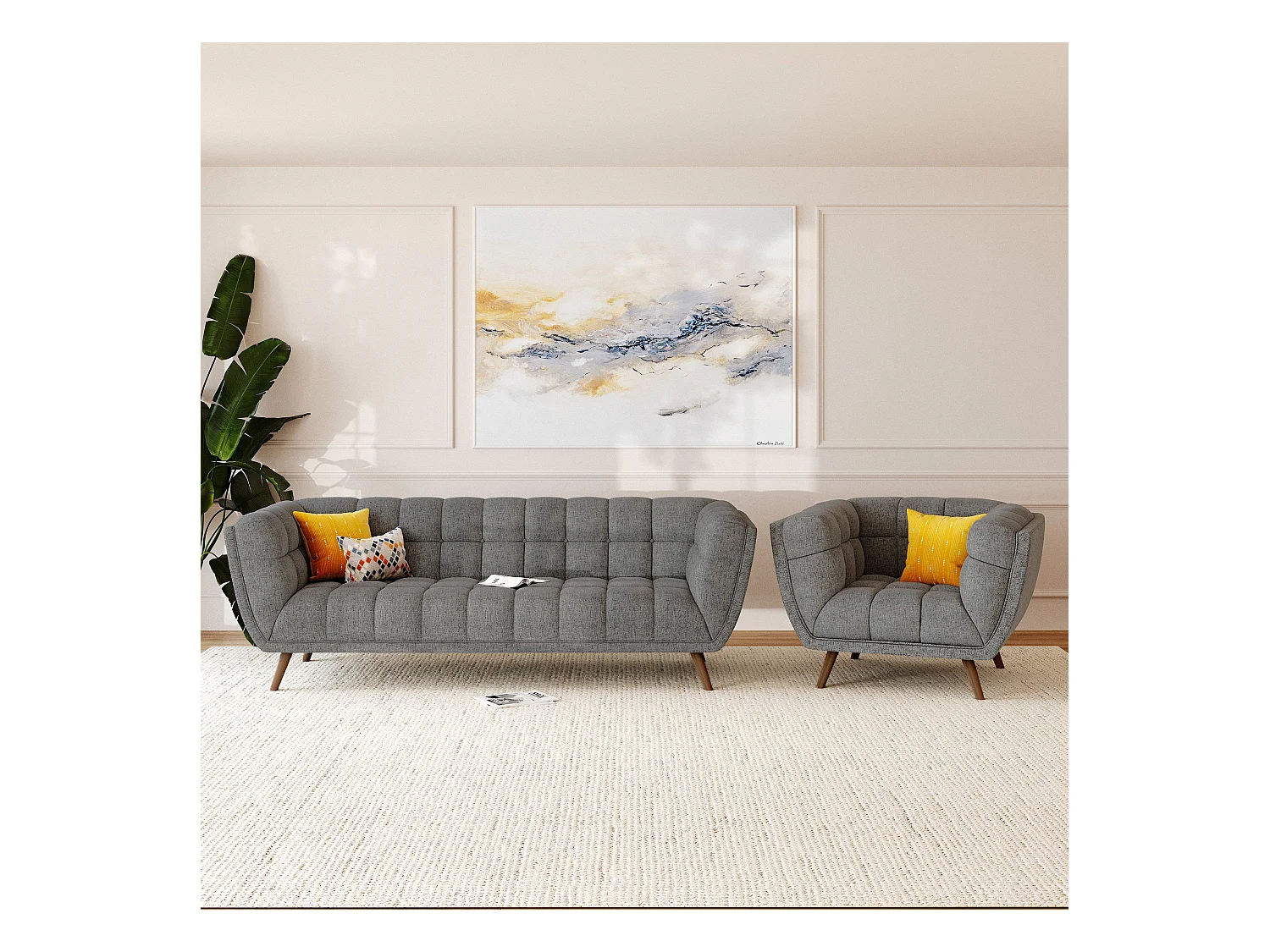 Ensemble canapé et fauteuil en tissu gris 4 places - Carmen