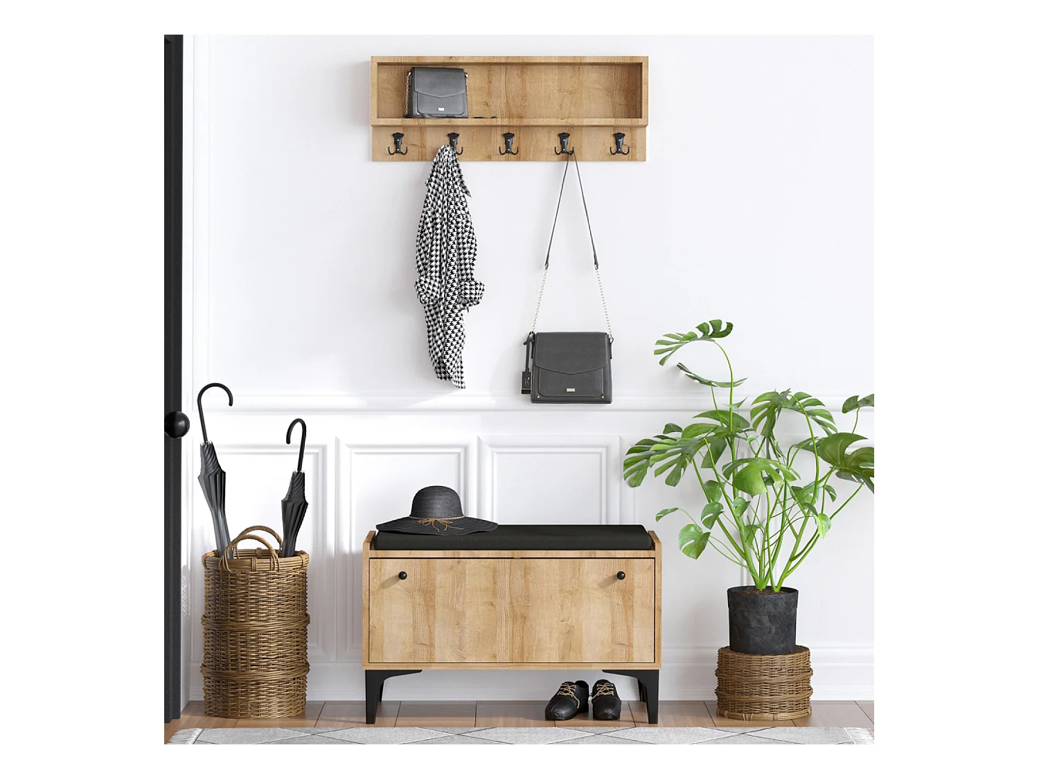 Meuble d'entrée avec meuble à chaussures banquette et vestiaire mural en bois LUANA